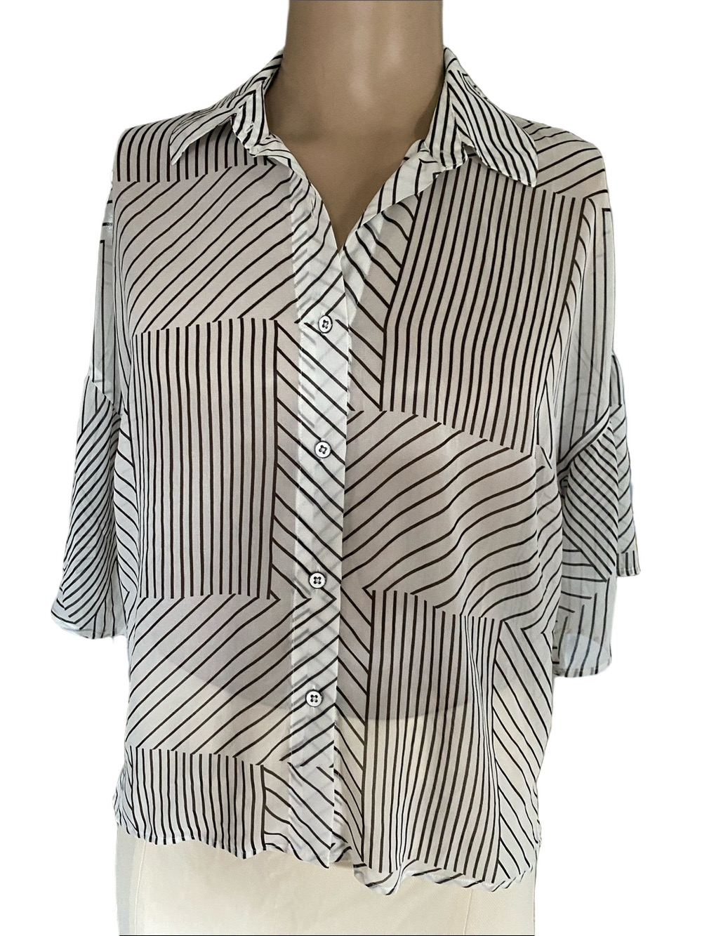 CAbi White Button-Down  semi sheer Blouse with Black Geometric Stripes